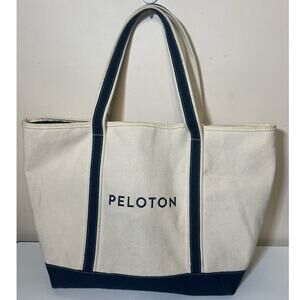 Peloton Canvas Baot Tote Bag Cream Blue Large Shopper Gym Travel Bag USED
